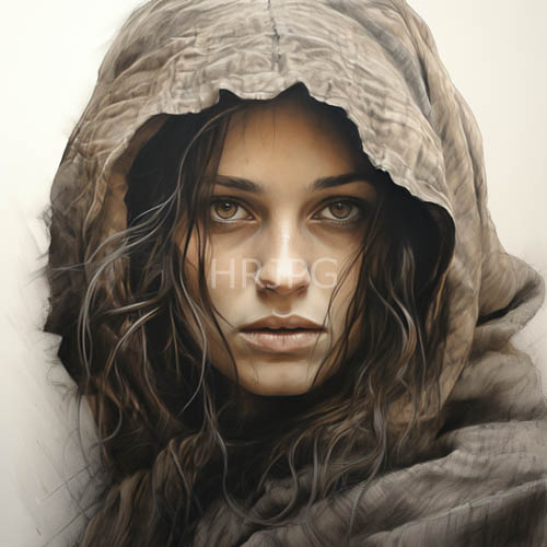 atmospheric olivetoned skin with weathered beige hoodie and piercing eyes
