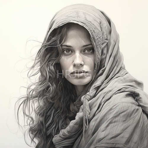 cascading wavy tresses under elegantly draped hoodline conveys emotional gravity with classical drawing mastery