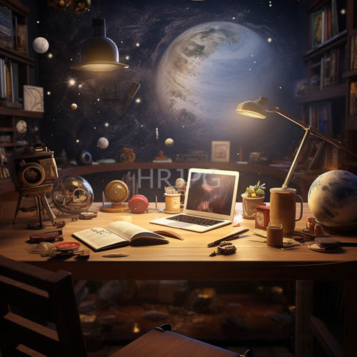 compact study space illuminated by warm amber glow and eclectic artifacts