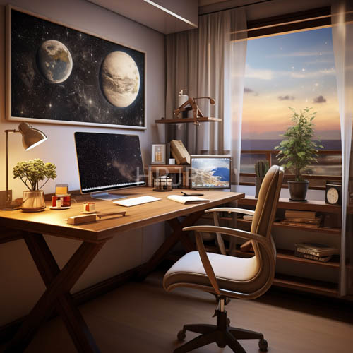 cosmic productivity meets organic warmth in workspace awe