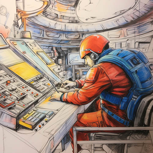 yellow instrumentation panels glow against sleek gunmetalgray spacecraft surfaces