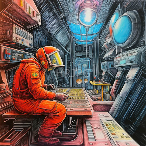 High Resolution: Astronaut in Luminous Orange Exosuit Navigates Interstellar Console with Holographic Displays download. | HRJPG.com