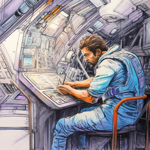 muscular astronaut in orange seating amidst confined cockpit with illuminated panels