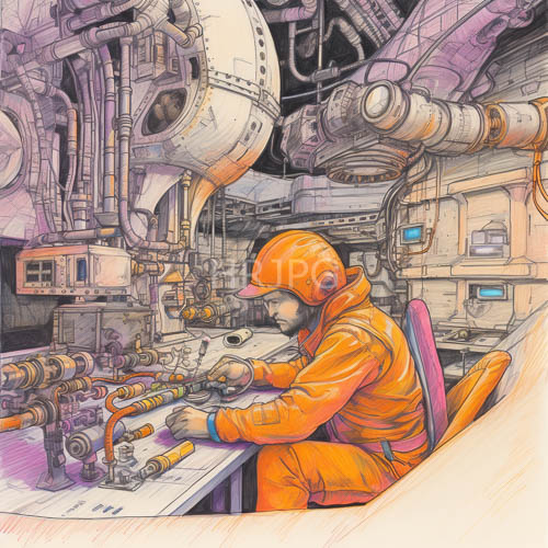 astronaut in industrial gray spacecraft with neonorange suits and rugged equipment