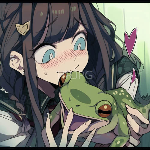 blushing anime characters smile beside small green amphibian companions