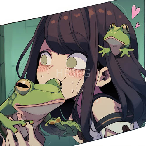cascading brunette locks frame innocent wideeyed gaze amidst vibrant frogs