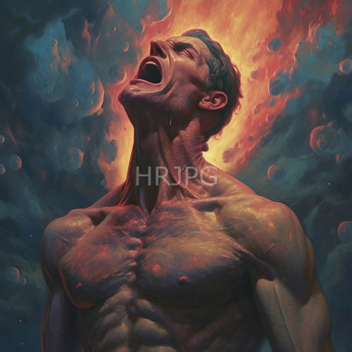 elongated neck muscles stretch toward unseen celestial force amidst surreal blazing horizon