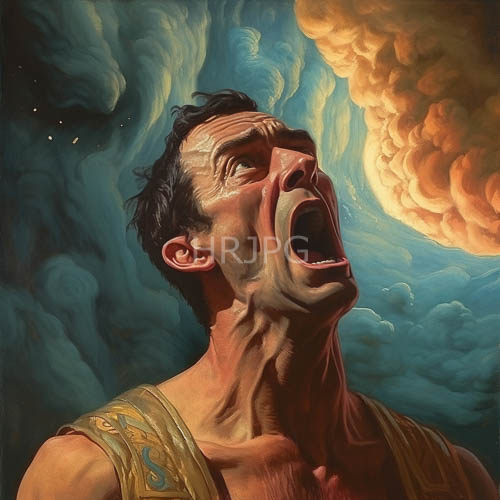 High Resolution: Warriors Anguished Face Under Dramatic Chiaroscuro with Apocalyptic Orange Vapors Swirling Above download. | HRJPG.com