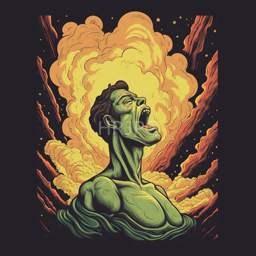 green beasts stand among ruins under rising smoke plumes