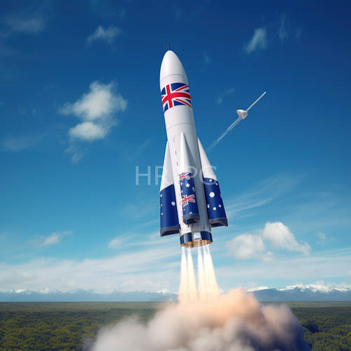 british union jack insignia adorns the streamlined white and blue hull of a climbing space vehicle ascending through atmospheric layers