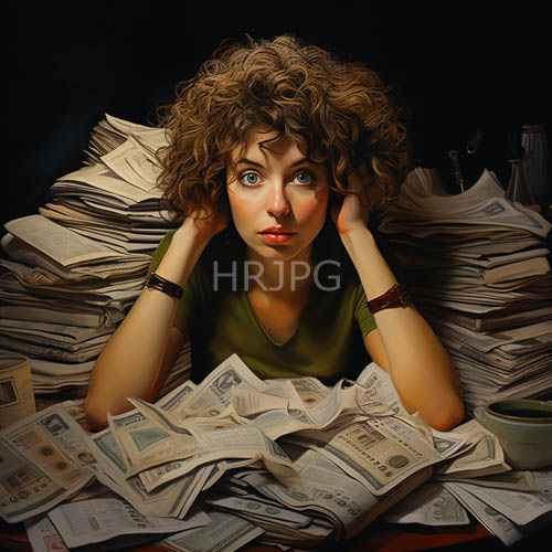 olivegreen fabric drapes over shoulders amidst chaotic newsprint heaps in a dimly lit room