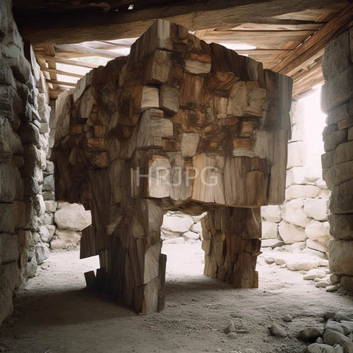 organic textures dominate sculptural installation amidst river stone elegance