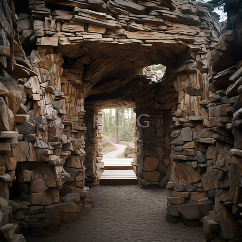 asymmetrical stonework arches filtered light emerald foliage weathered boulder formations