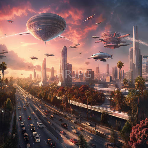 electric pink skies glow over futuristic cities and green canopies
