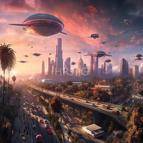 retrofuturistic los angeles skyline bathed in pinkpurple hues amidst sleek ufos