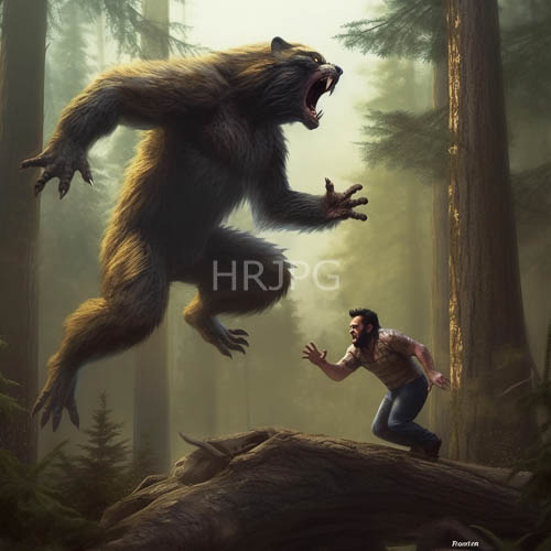 High Resolution: Monstrous werewolf lunges forward in dim forest light amidst tattered fabric and ancient oaks download. | HRJPG.com