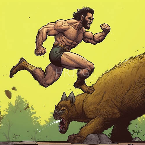 toned warrior midleap with rugged intensity and green combat shorts amidst lycanthrope transformation