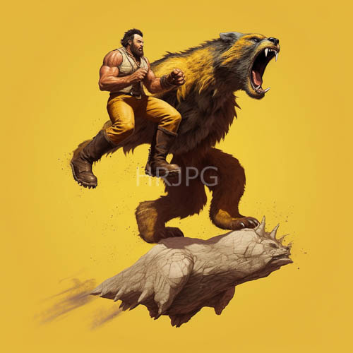 High Resolution: Mustardyellow Hues Ignite HighEnergy of Fearless Rider and Charging Bear in Rugged Terrain download. | HRJPG.com