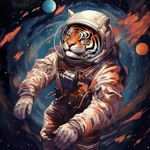 cosmic feline astronaut drifts weightlessly through interstellar void striped fur
