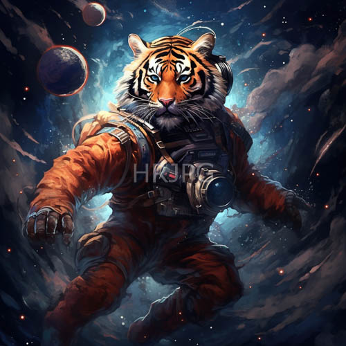 cosmic tiger drifts effortlessly through interstellar void amidst celestial clouds and stellar bodies