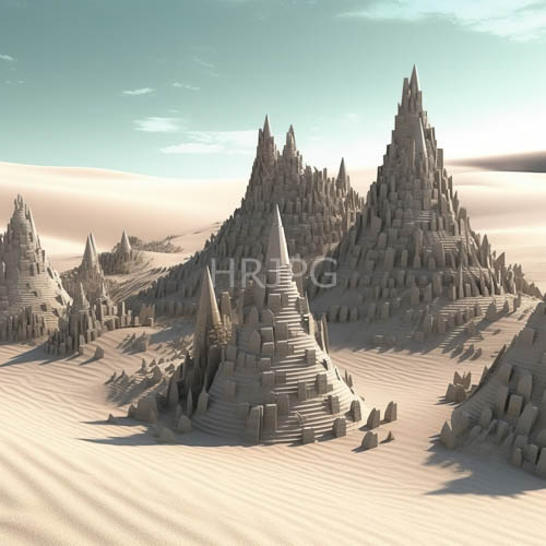 High Resolution: Desert structures rise above windswept sand dunes at dusk download. | HRJPG.com
