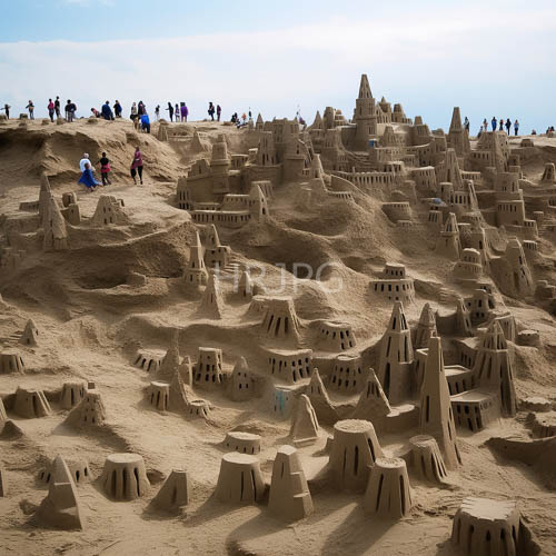 conical spires and cylindrical turrets rise from sandy summit