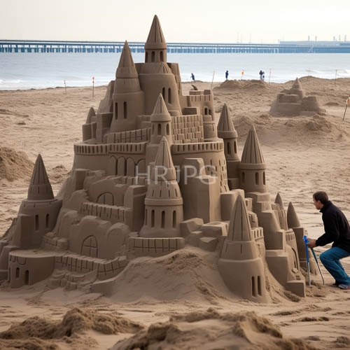 gothic shoreline fortress emerges from eroded grains with elongated shadows