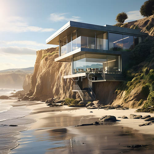 contemporary coastal residence with cantilevered balconies and oceanfront views