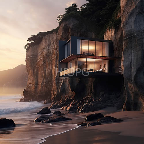 High Resolution: Sleek Glass Architecture Sits Dramatically on Weathered Cliffs Overlooking Frothy Waves download. | HRJPG.com