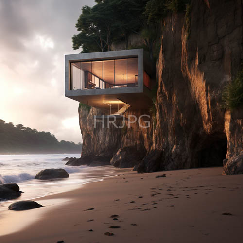 amber interior illumination contrasts with jagged coastal bluffs and steelblue crashing waves