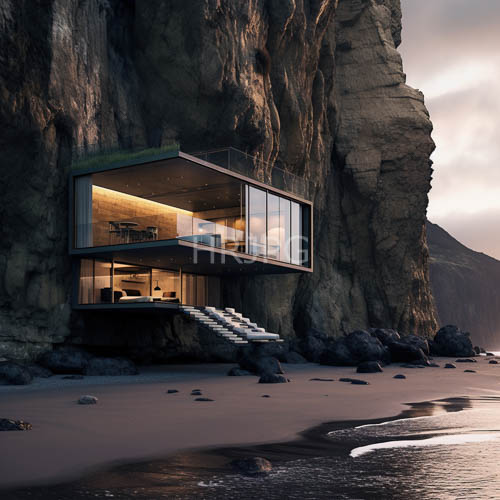 sleek contemporary architecture meets coastal stone formations in golden hour