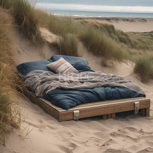 coastal elegance unfolds on weathered wooden pallets amidst ocean grasses