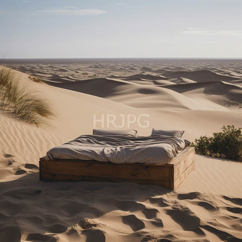 endless desert dunes frame rustic wooden bed with minimalist linens and plush pillows amidst rugged terrain