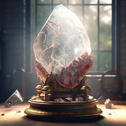 crystal facet refracting pinkishred hues across polished gold pedestal