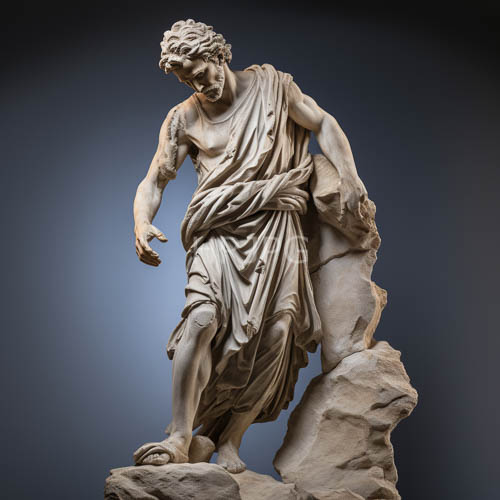 classical hellenistic artistry frozen in crystalline stone mediterranean features frame tightly curled locks adorned with intricate ink markings