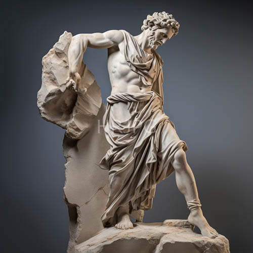 muscular hercules marble statues rest on stone platforms with gradients