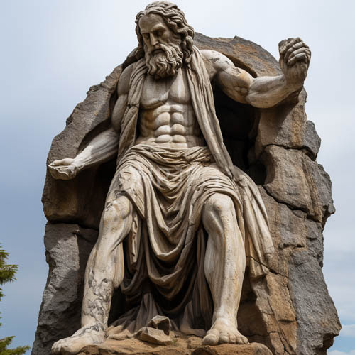 marble demigod reclines amidst rugged stone formations with sculpted hair and drape