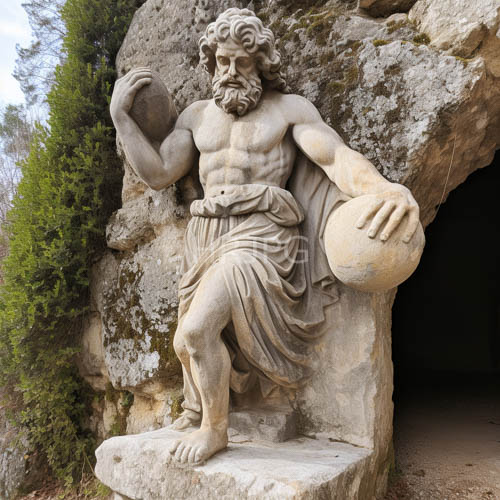 High Resolution: Hercules Sculpture Embodied in Granite Coalesces with Ancient Cavernous Setting Filled with Textured Rock and Foliage download. | HRJPG.com