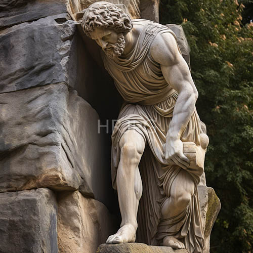 classical figure in weathered marble with luxuriant foliage and roughhewn architecture