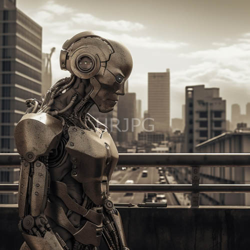 humanoid specimen emerges from metallic cranium amidst urban steel and glass