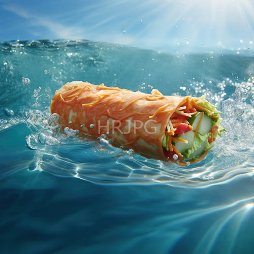 textured tortilla wrap contrasts against cerulean waters in a gastronomic oceanic with avocado and tomato layers