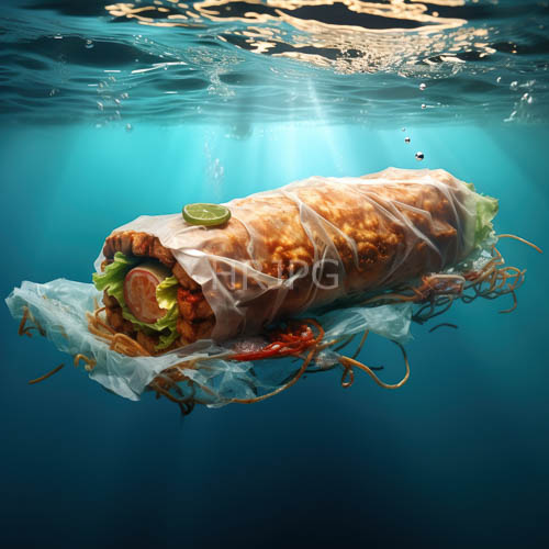 translucent plastic wrap encases vibrant burrito in crystal clear underwater setting