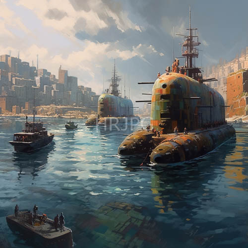 copper plating weathered by time and oxidized iron dominate the harbors foreground with colossal submarines and intricate mechanical detailing