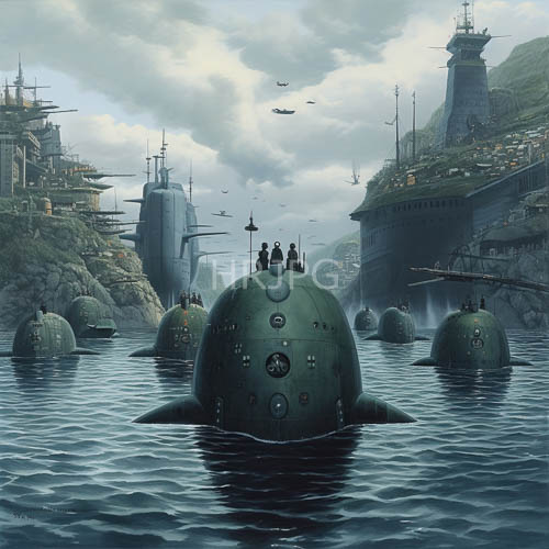 submersibles anchor beside dark cliff faces in eerie waters
