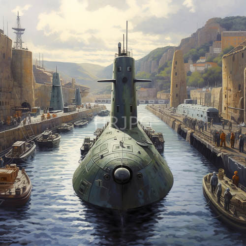 submarines amidst ripples and weathered naval outpost mountainous silhouettes