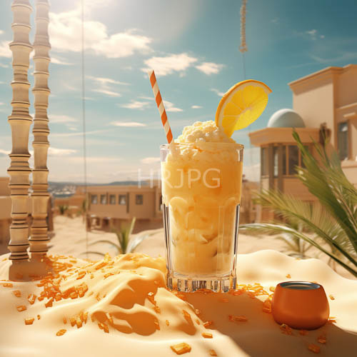 sunbaked desert landscape with frosty glass and whipped cream