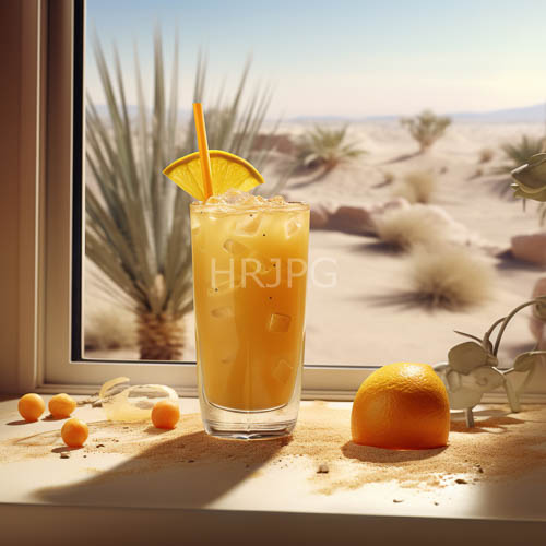 sundrenched wooden ledge showcases citrus hues and geometric glassware amidst tropical garnish