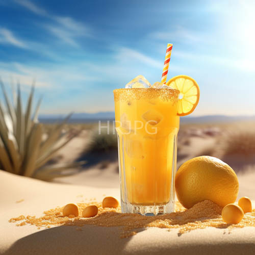 citrus cocktail glasses sit on blue sand beneath sunny skies