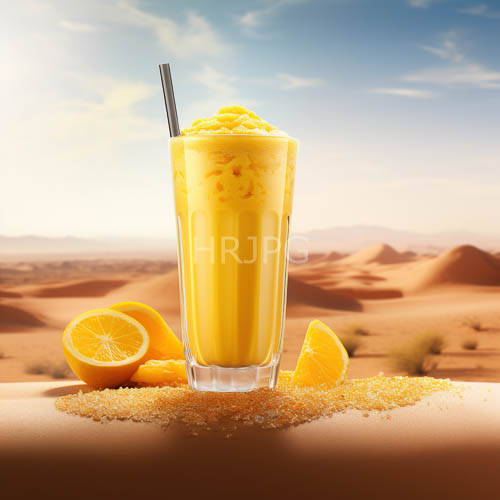 luxury beverage oasis with chilled citrus nectar and scattered oranges on blonde sands