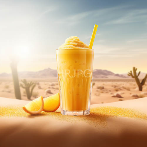 desert oasis with frosty glass and swirling icy layers against rolling sandy dunes
